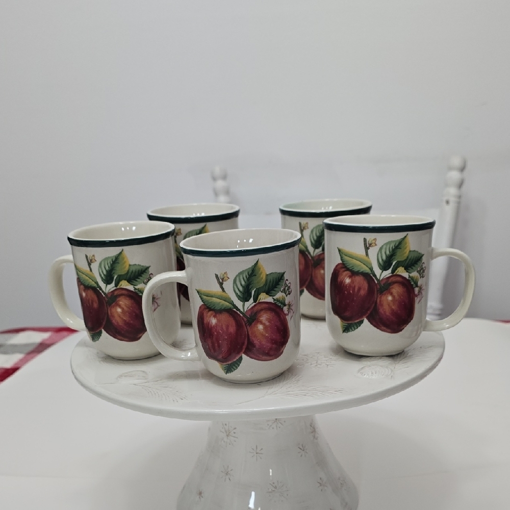 Vintage Set Of 5 Coffee Mugs Casuals  China Pearl Apple Motif Stoneware Ceramic